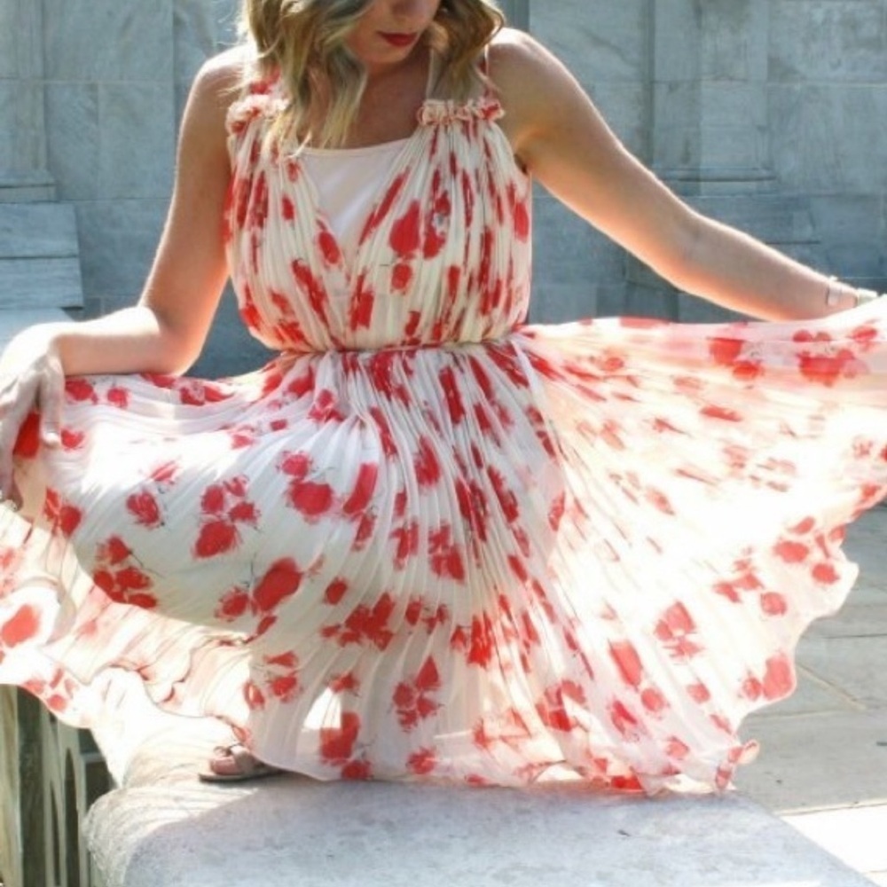MM COUTURE BY MISS ME RED POPPY PRINT ACCORDION PLEATED PARTY MINI DRESS SIZE LG